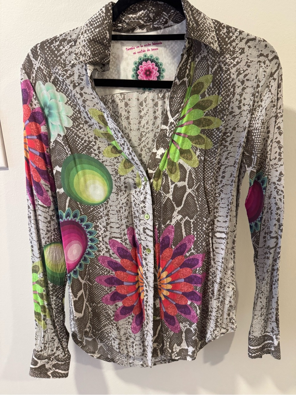Desigual Gray Snake-Print Button-Up with Bright Floral Accents